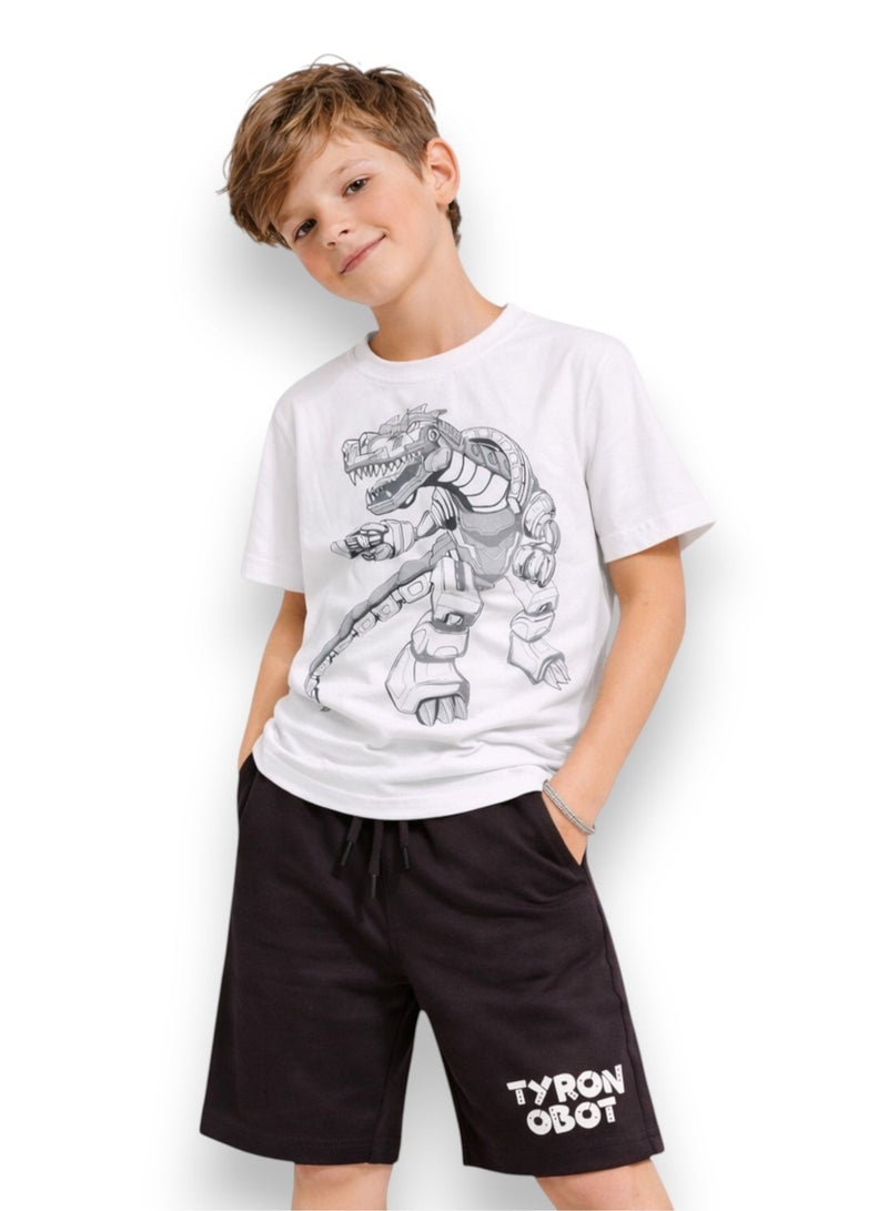 victor and jane Boys Dinosaur Graphic T-Shirt & Black Shorts Set - Image 1